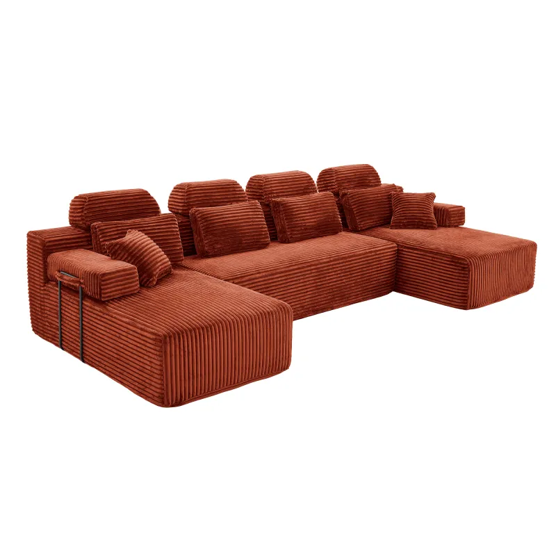 U Shaped Corduroy Sectional Sofa with Double Chaise Lounge High Density Compressed Sponge Modular Convertible Upholstered Couch with Throw Pillows for Living Room Hotel Apartment
