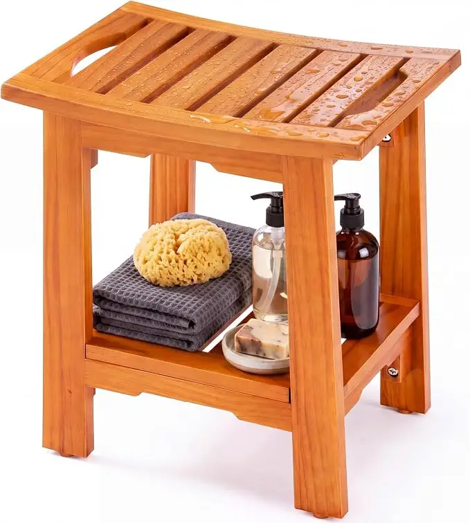 Wooden Shower Bench for Inside Shower, 14" Waterproof Bathroom Bench with Storage Shelf, Non-Slip Teak Stool for Shaving Legs, Spa Seat for Adult/Senior