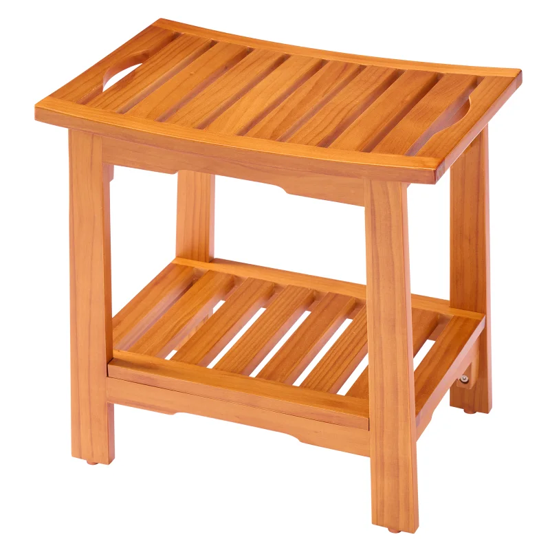 Wooden Shower Bench for Inside Shower, 18" Waterproof Bathroom Bench with Storage Shelf, Non-Slip Teak Stool for Shaving Legs, Spa Seat for Adult/Senior