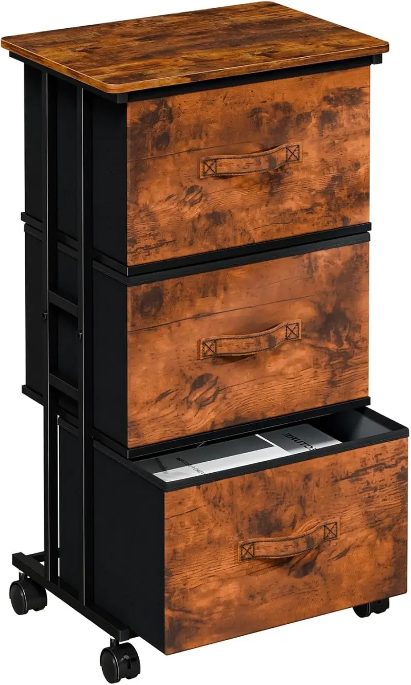 3 Drawer Fabric Dresser Tower, Rolling Storage Dresser with Lockable 360° Wheels, Steel Frame & Wood Top, Slim Vertical Chest of Drawers for Bedroom, Closet, Office, Entryway, Nursery--Rustic Brown
