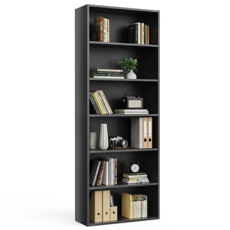 6-Tier Open Bookcase, 23.8"L x 9.2"D x 63"H, MDF Wood Grain Display Bookshelf with Anti-Tip Kit & Wall Anchor, Floor Standing Storage Organizer for Living Room, Bedroom, Home Office--Black
