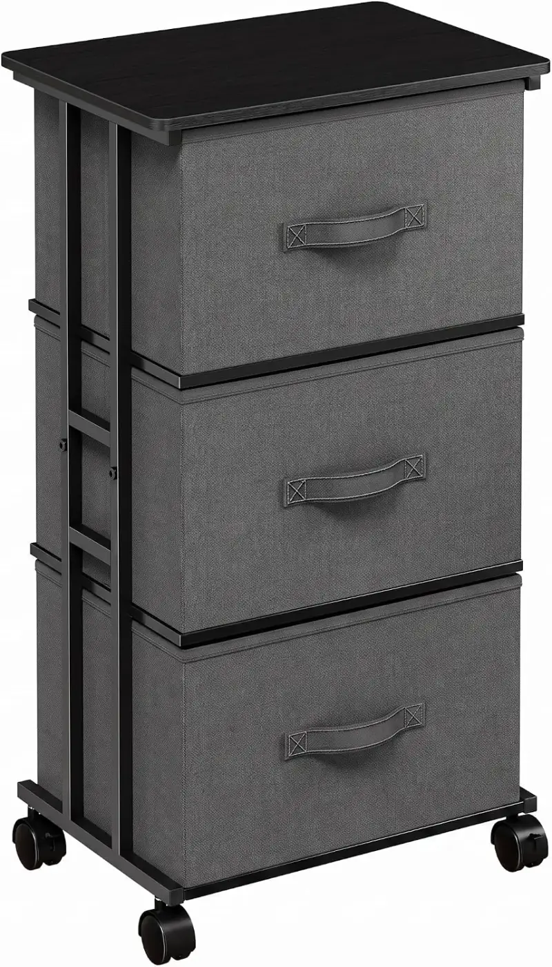 3 Drawer Fabric Dresser Tower, Rolling Storage Dresser with Lockable 360° Wheels, Steel Frame & Wood Top, Slim Vertical Chest of Drawers for Bedroom, Closet, Office, Entryway, Nursery--Grey