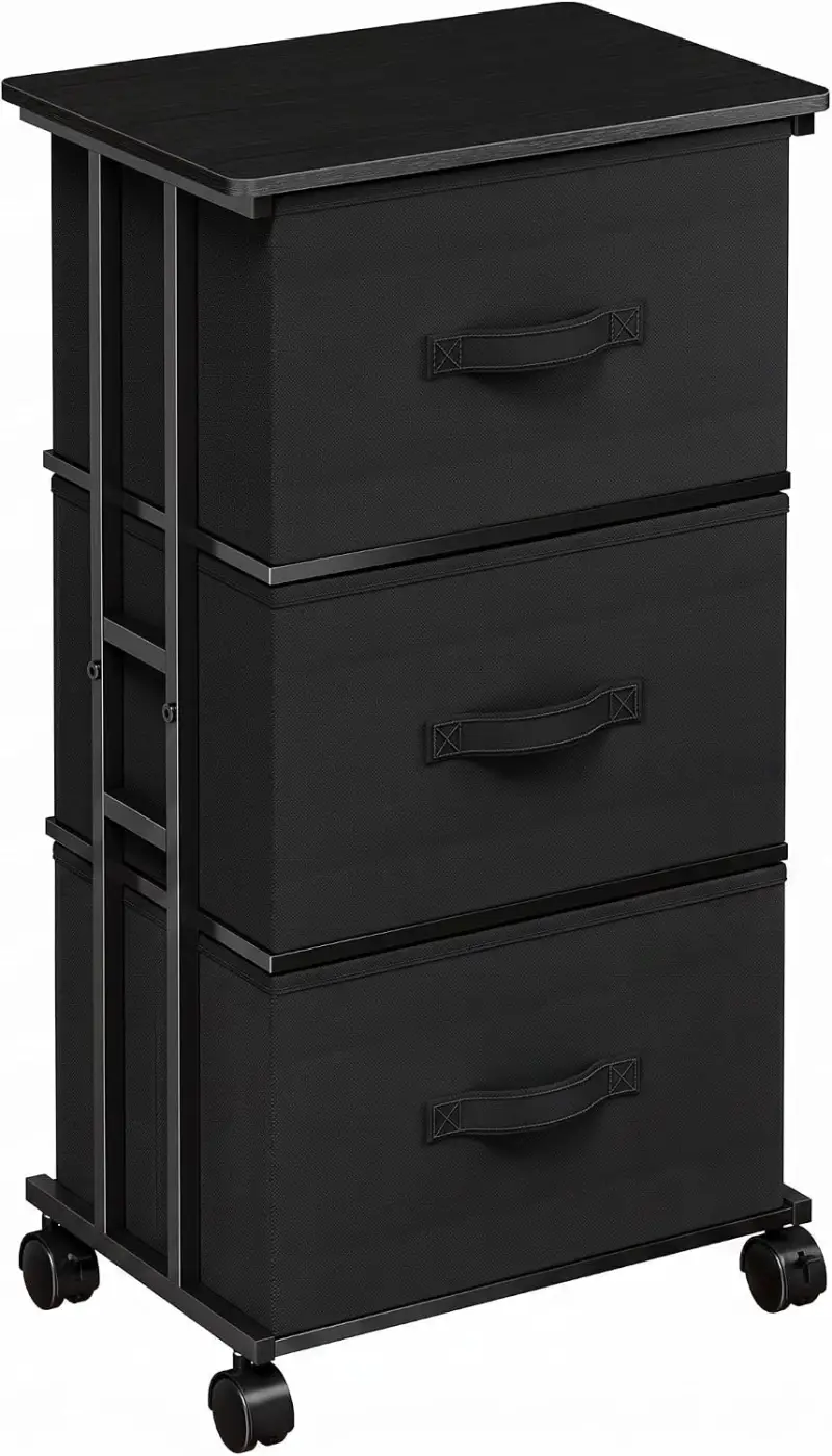 3 Drawer Fabric Dresser Tower, Rolling Storage Dresser with Lockable 360° Wheels, Steel Frame & Wood Top, Slim Vertical Chest of Drawers for Bedroom, Closet, Office, Entryway, Nursery--Black