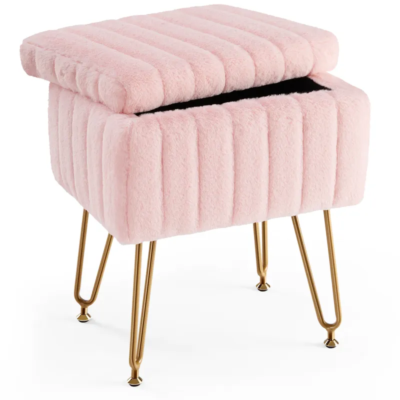 Faux Fur Vanity Stool with Hidden Storage, Soft Ottoman Footrest with 4 Metal Legs & Anti-Slip Feet, Modern Makeup Chair for Bedroom Dresser, Small Cute Vanity Seat for Living Room, Closet--Pink