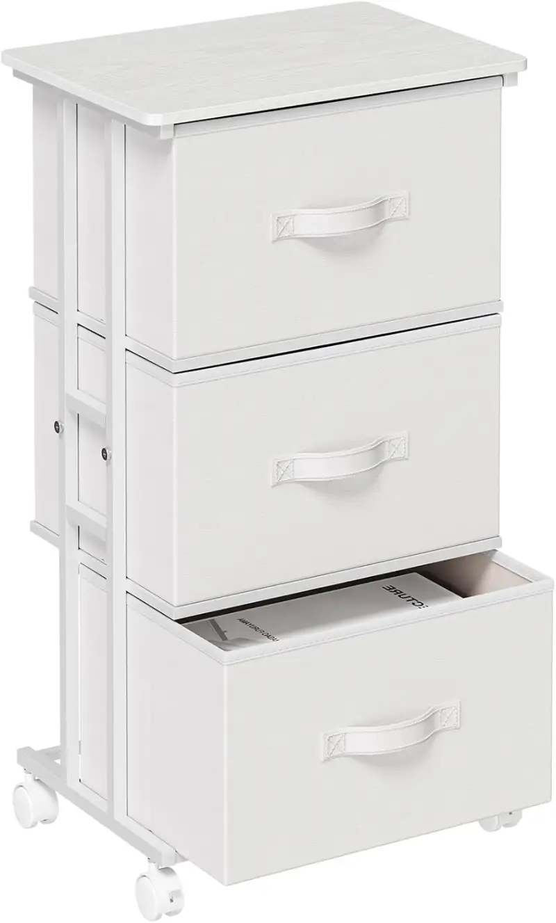 3 Drawer Fabric Dresser Tower, Rolling Storage Dresser with Lockable 360° Wheels, Steel Frame & Wood Top, Slim Vertical Chest of Drawers for Bedroom, Closet, Office, Entryway, Nursery--White
