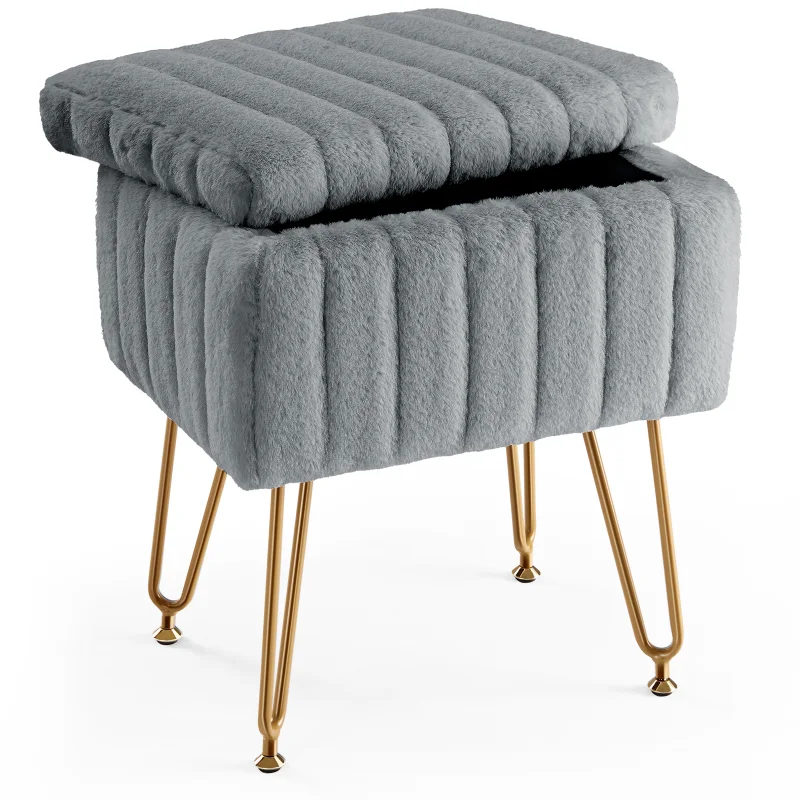 Faux Fur Vanity Stool with Hidden Storage, Soft Ottoman Footrest with 4 Metal Legs & Anti-Slip Feet, Modern Makeup Chair for Bedroom Dresser, Small Cute Vanity Seat for Living Room, Closet--Grey
