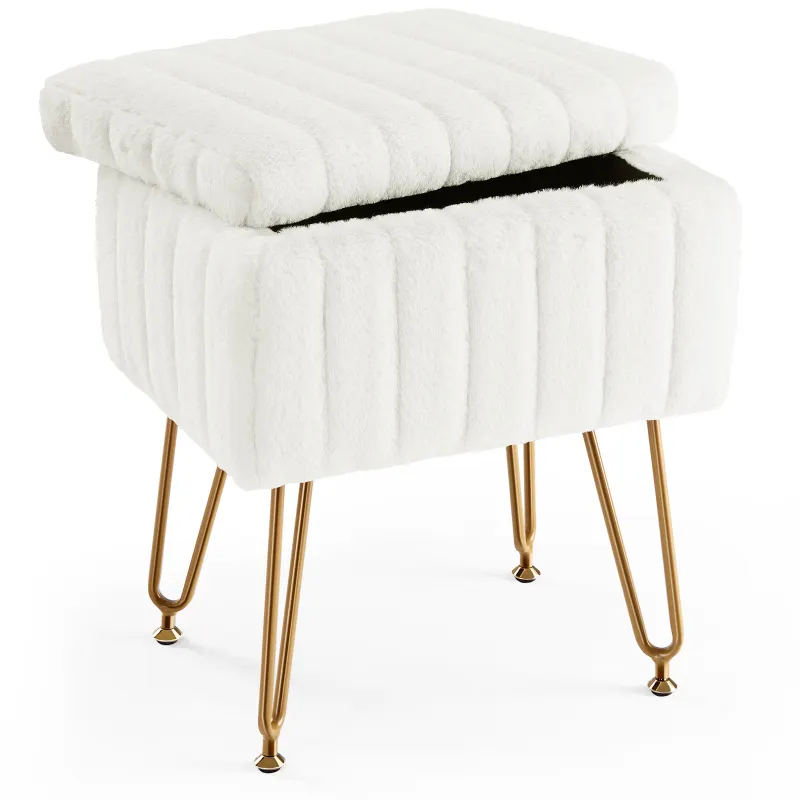 Faux Fur Vanity Stool with Hidden Storage, Soft Ottoman Footrest with 4 Metal Legs & Anti-Slip Feet, Modern Makeup Chair for Bedroom Dresser, Small Cute Vanity Seat for Living Room, Closet--White