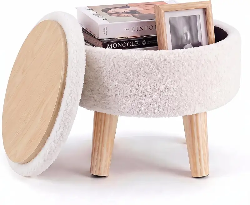 Small Round Storage Ottoman Foot Stool, Compact Round Foot Rest with Removable Padded Lid, Boucle Fabric Upholstered Footstool with Solid Wood Legs, Ottoman Coffee Table for Living Room, Bedroom, Entryway, Supports 350 lbs--Beige