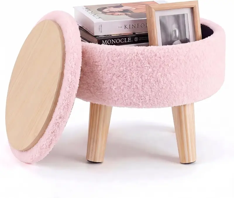 Small Round Storage Ottoman Foot Stool, Compact Round Foot Rest with Removable Padded Lid, Boucle Fabric Upholstered Footstool with Solid Wood Legs, Ottoman Coffee Table for Living Room, Bedroom, Entryway, Supports 350 lbs--Pink