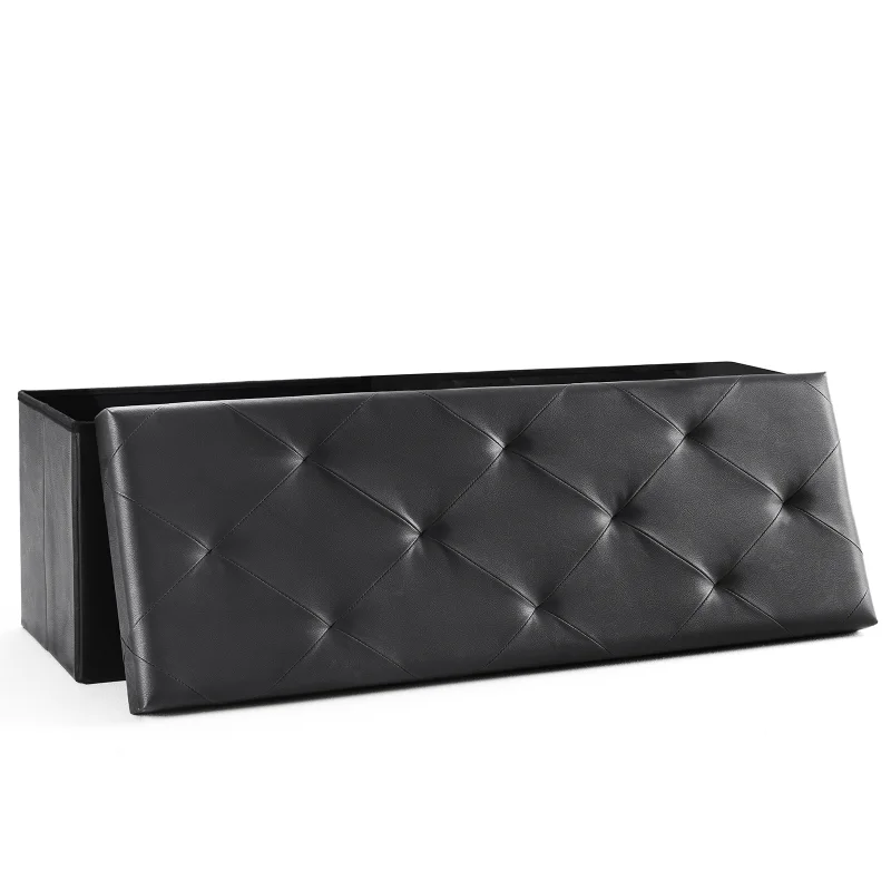 43 Inch Folding Storage Ottoman, Large Ottoman with Storage for Home, Collapsible Storage Bench with 42 Gal (159L) Hidden Compartment, Faux Leather Foot Rest Stool, Foldable Ottoman for Living Room, Bedroom, Entryway, Supports 660 lbs--Black