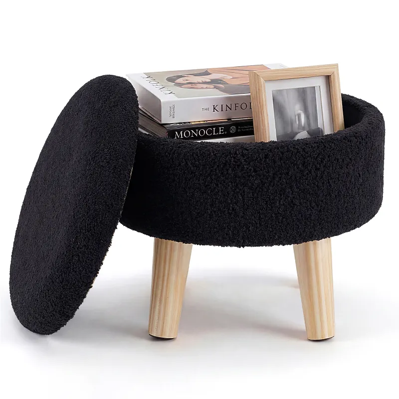 Small Round Storage Ottoman Foot Stool, Compact Round Foot Rest with Removable Padded Lid, Boucle Fabric Upholstered Footstool with Solid Wood Legs, Ottoman Coffee Table for Living Room, Bedroom, Entryway, Supports 350 lbs--Black