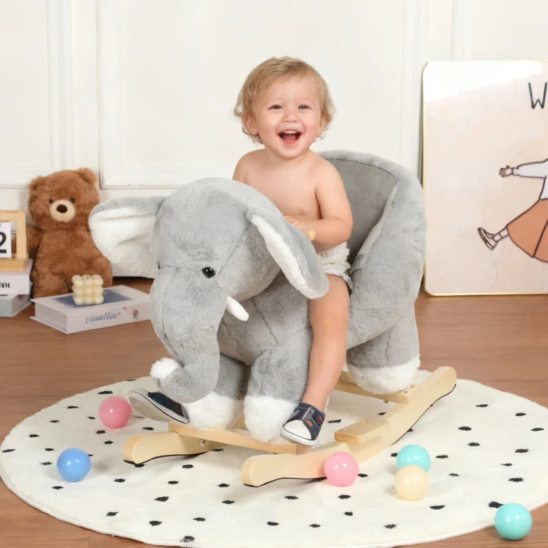 Kids Elephant Rocking Horse Ride-On Toy for Toddlers 18-36 Months, Plush Rocker with Elephant Sounds, Hand Puppet, Safety Belt & Wooden Base, Grey, CPC Certified, Gift for Boys Girls