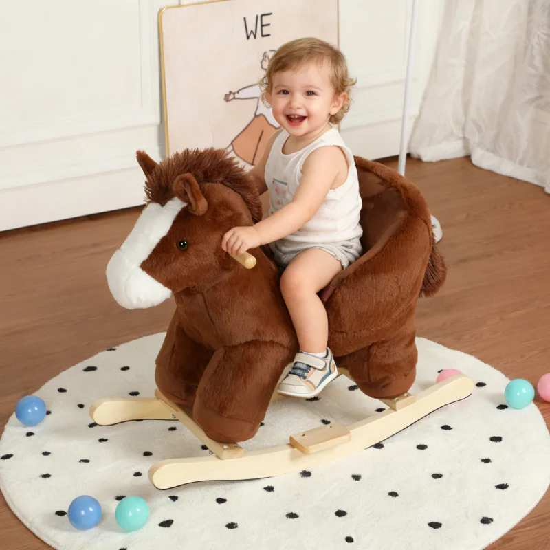 Kids Horse Rocking Horse Ride-On Toy for Toddlers 18-36 Months, Plush Rocker with Horse Sounds, Hand Puppet, Safety Belt & Wooden Base, Brown, CPC Certified, Gift for Boys Girls