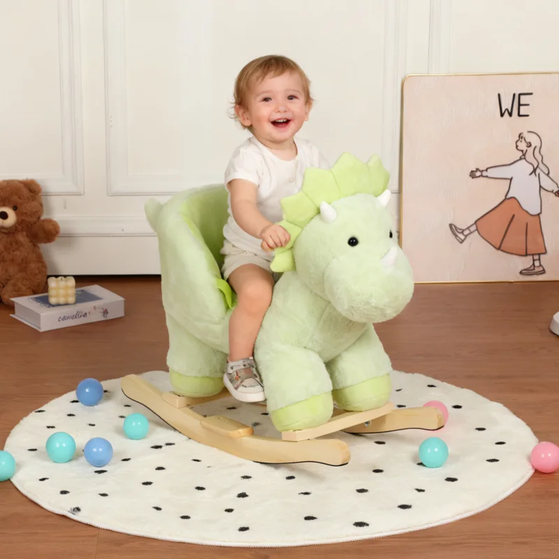 Kids Dinosaur Rocking Horse Ride-On Toy for Toddlers 18-36 Months, Plush Rocker with Jingle Bells Song, Hand Puppet, Safety Belt & Wooden Base, Green, CPC Certified, Gift for Boys Girls