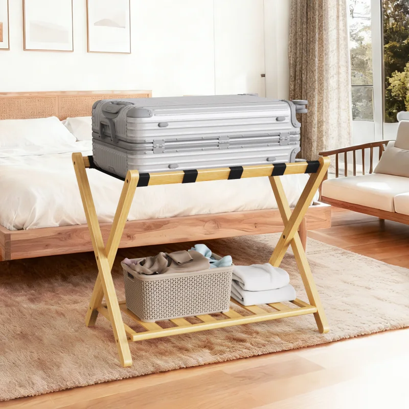 Folding Bamboo Luggage Rack 29×28×3 Inch, Foldable Suitcase Stand with Lower Storage Shelf, Guest Room Luggage Holder for Hotel & Bedroom 

