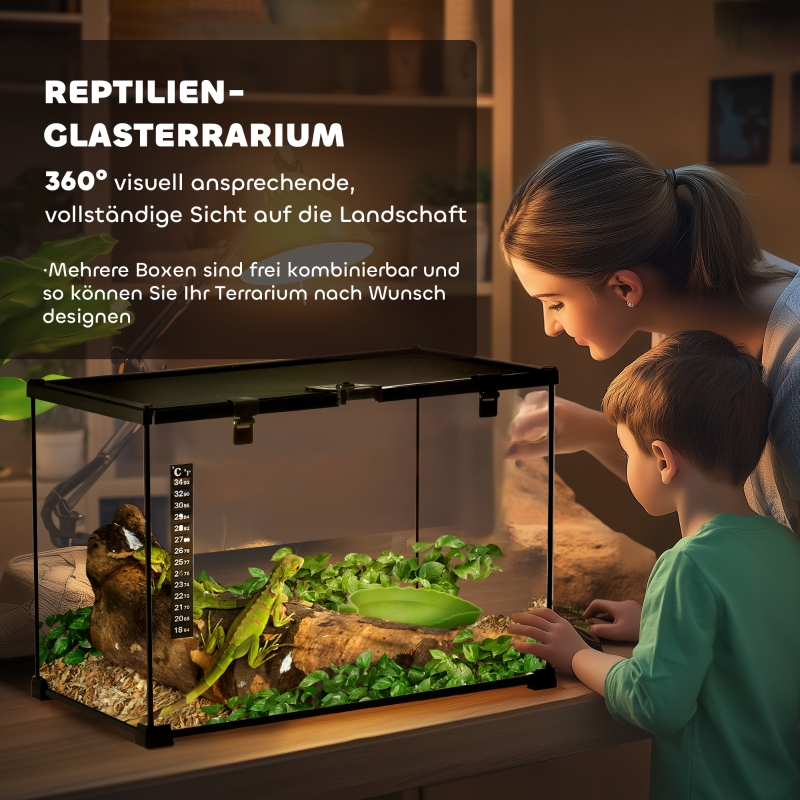 PawHut Glass Reptile Terrarium Insect Breeding Tank Vivarium Habitats with Thermometer for Lizards, Horned Frogs, Snakes, Spiders - Large 50 x 30 x 35cm