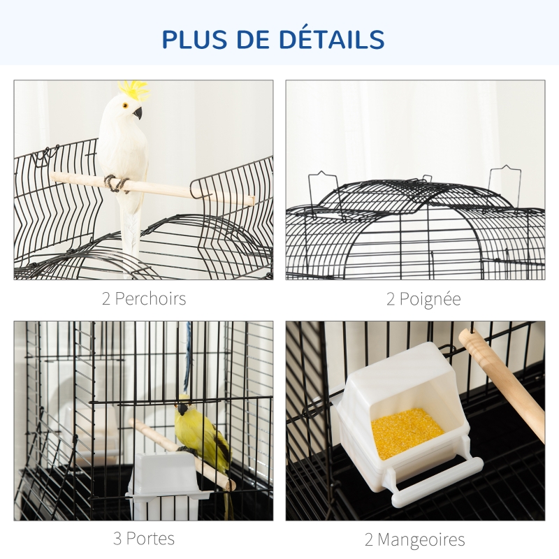 PawHut Cage à oiseaux volière pour oiseaux sur roulettes avec toit ouvrant 3 perchoirs étagère inférieure 46 x 36 x 130 cm noir