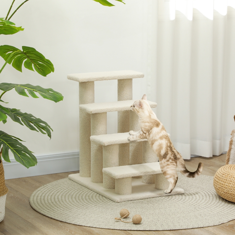 PawHut Dog Steps for Bed 4 Step Pet Stairs for Sofa Dog Cat Climb Ladder 63x43x60 cm Cream