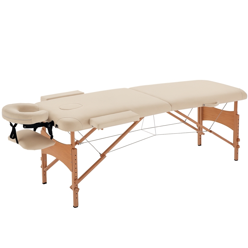 Portable Massage Bed, Folding Spa Beauty Massage Table with 2 Sections, Carry Bag and Wooden Frame, Cream