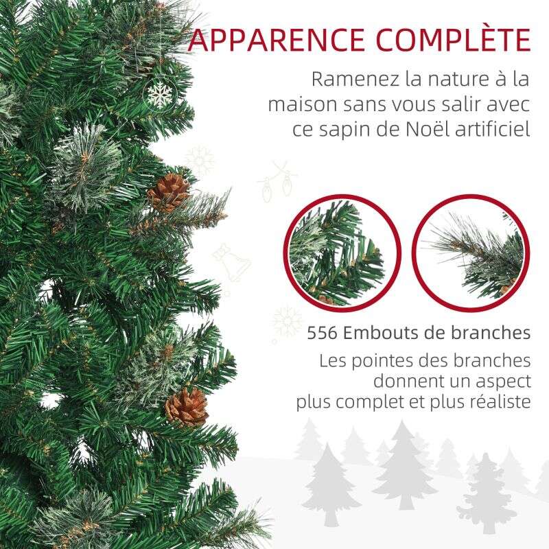 HOMCOM 6.5FT Tall Pencil Slim Artificial Christmas Tree with Realistic Branches, Tip Count and Pine Cones, Pine Needles Tree, Xmas Decoration, Green