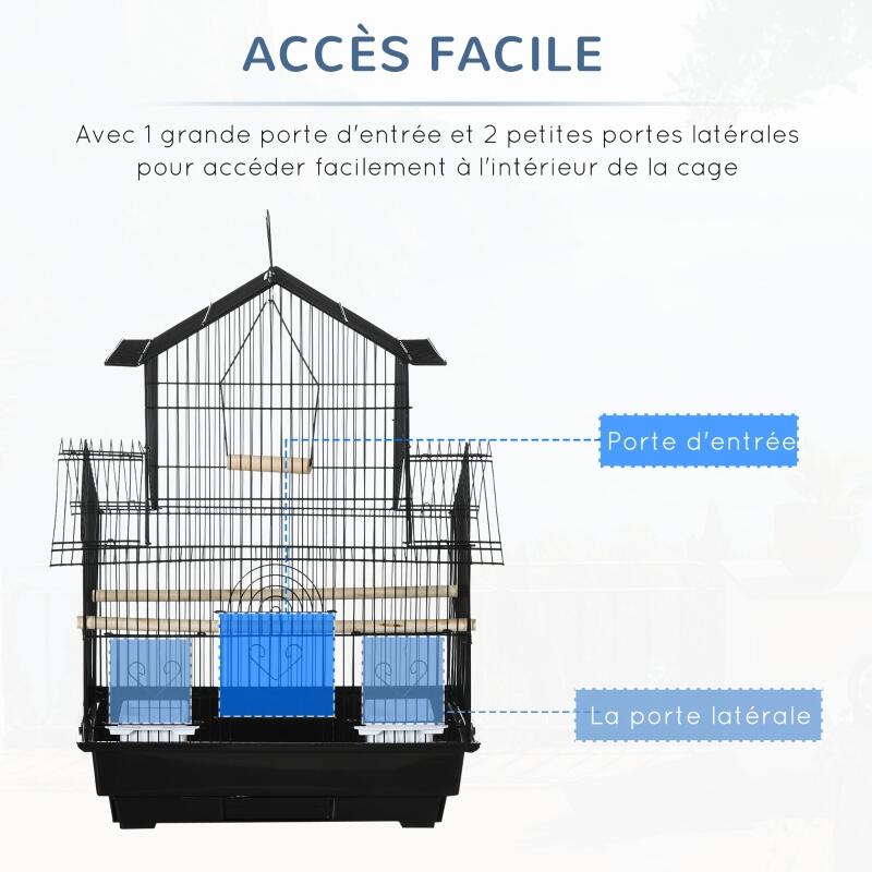 PawHut Metal Bird Cage with Plastic Swing Perch Food Container Tray Handle for Finch Canary Budgie 43.5 x 33 x 63 cm, Black