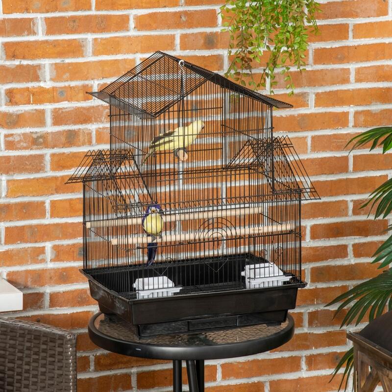 PawHut Metal Bird Cage with Plastic Swing Perch Food Container Tray Handle for Finch Canary Budgie 43.5 x 33 x 63 cm, Black