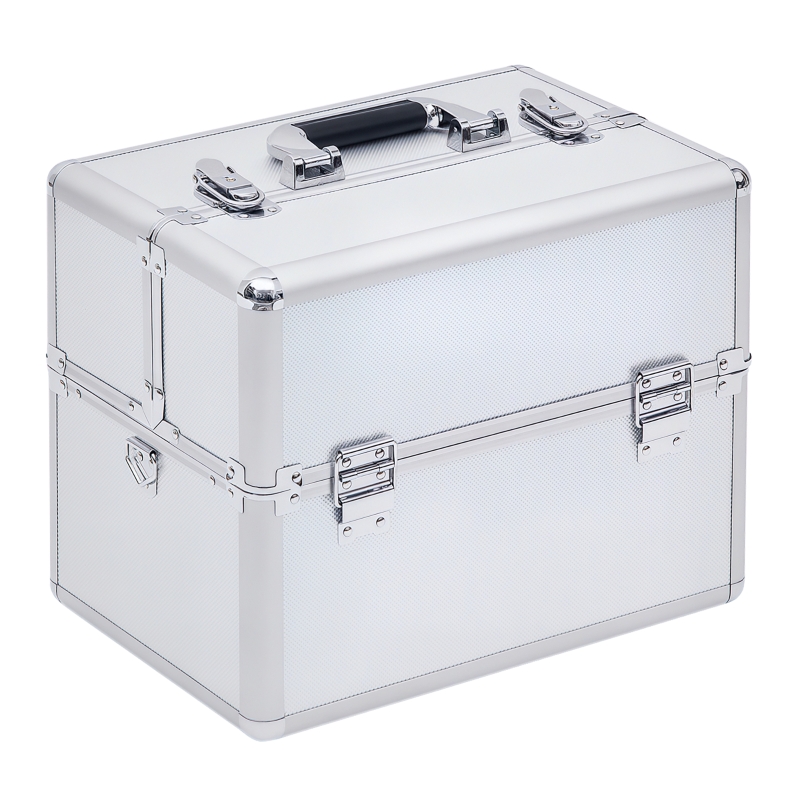 Mallette maquillage valise maquillage à 3 niveaux, boîte de cosmétiques avec clés, 36,5 x 24 x 29 cm, argent