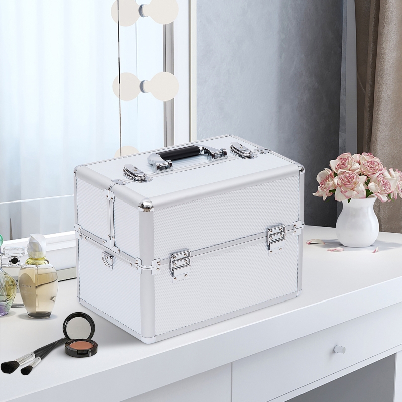 Mallette maquillage valise maquillage à 3 niveaux, boîte de cosmétiques avec clés, 36,5 x 24 x 29 cm, argent