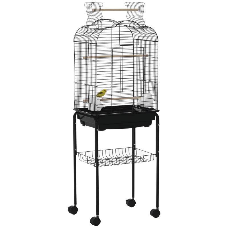 PawHut Cage à oiseaux volière pour oiseaux sur roulettes avec toit ouvrant 3 perchoirs étagère inférieure 46 x 36 x 130 cm noir