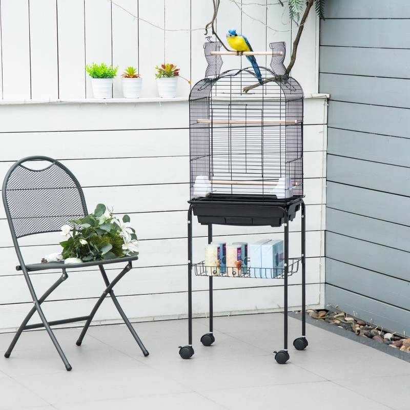 PawHut Cage à oiseaux volière pour oiseaux sur roulettes avec toit ouvrant 3 perchoirs étagère inférieure 46 x 36 x 130 cm noir