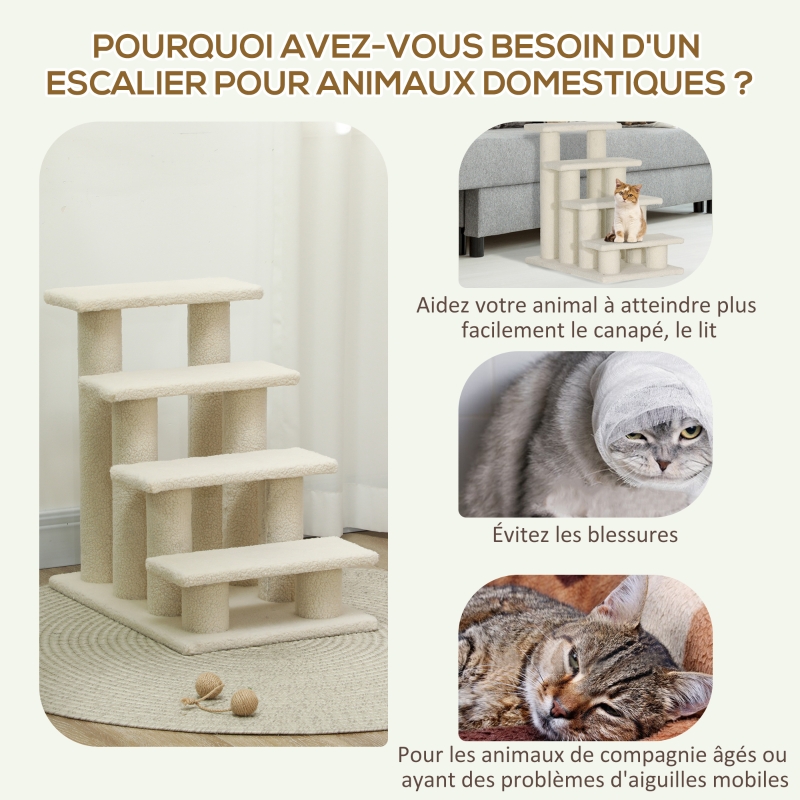 PawHut Dog Steps for Bed 4 Step Pet Stairs for Sofa Dog Cat Climb Ladder 63x43x60 cm Cream