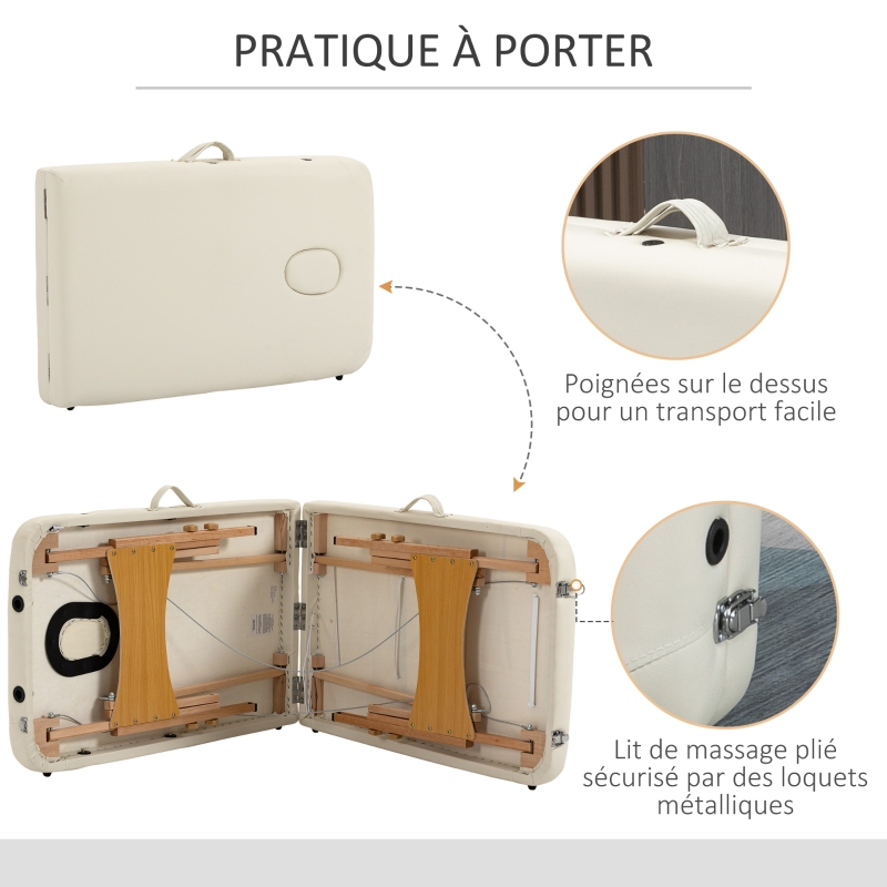 Portable Massage Bed, Folding Spa Beauty Massage Table with 2 Sections, Carry Bag and Wooden Frame, Cream