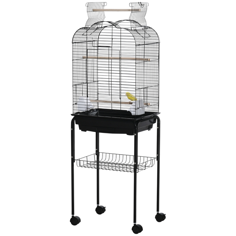 PawHut Cage à oiseaux volière pour oiseaux sur roulettes avec toit ouvrant 3 perchoirs étagère inférieure 46 x 36 x 130 cm noir