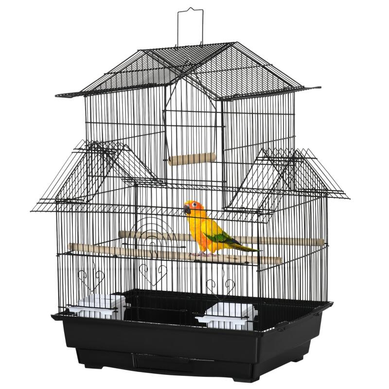 PawHut Metal Bird Cage with Plastic Swing Perch Food Container Tray Handle for Finch Canary Budgie 43.5 x 33 x 63 cm, Black