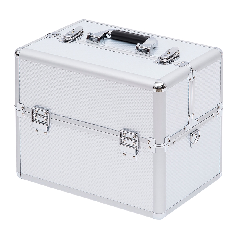 Mallette maquillage valise maquillage à 3 niveaux, boîte de cosmétiques avec clés, 36,5 x 24 x 29 cm, argent