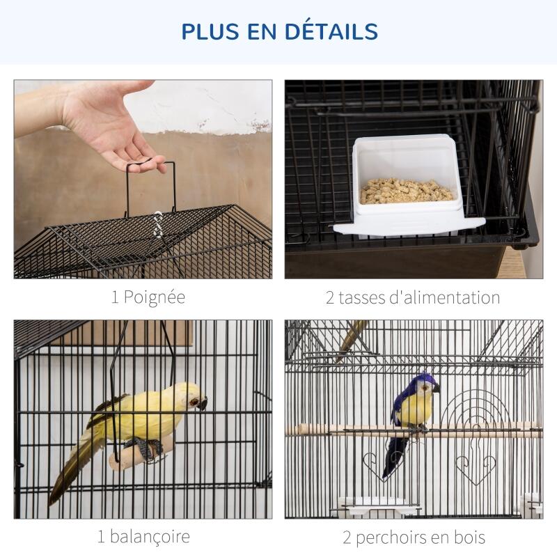 PawHut Metal Bird Cage with Plastic Swing Perch Food Container Tray Handle for Finch Canary Budgie 43.5 x 33 x 63 cm, Black
