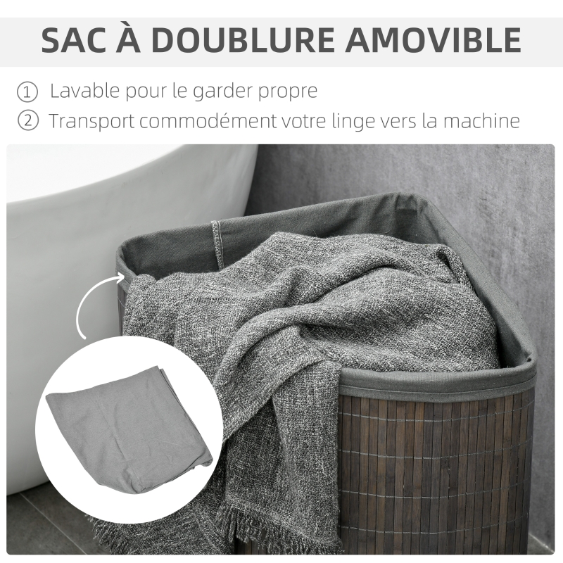 HOMCOM Bamboo Laundry Basket with Lid, 55 Litres Laundry Hamper with Removable Washable Lining,  Corner Washing Baskets, 38 x 38 x 57cm, Grey
