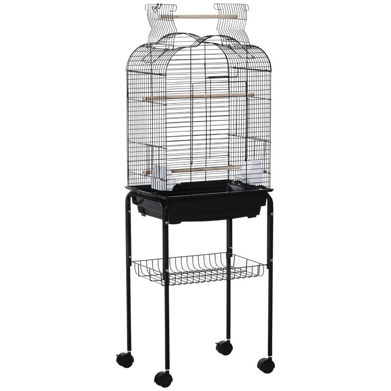 PawHut Cage à oiseaux volière pour oiseaux sur roulettes avec toit ouvrant 3 perchoirs étagère inférieure 46 x 36 x 130 cm noir