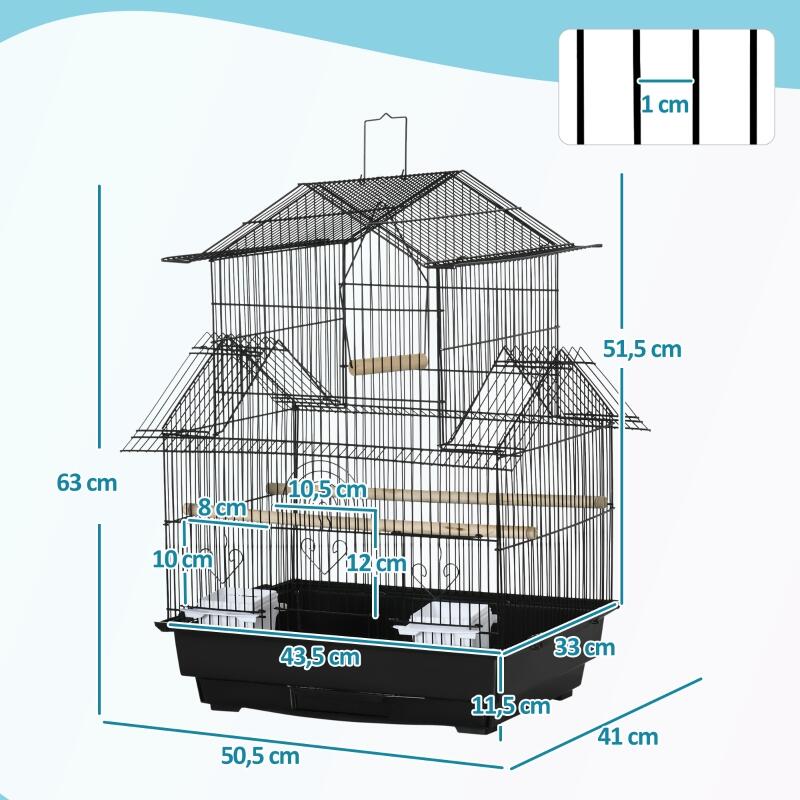 PawHut Metal Bird Cage with Plastic Swing Perch Food Container Tray Handle for Finch Canary Budgie 43.5 x 33 x 63 cm, Black