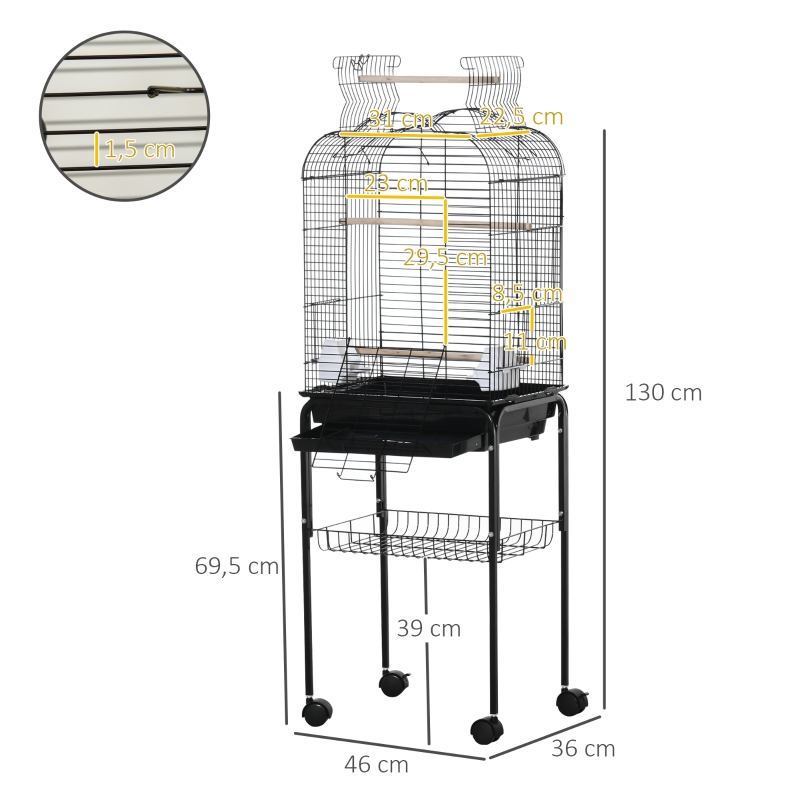 PawHut Cage à oiseaux volière pour oiseaux sur roulettes avec toit ouvrant 3 perchoirs étagère inférieure 46 x 36 x 130 cm noir