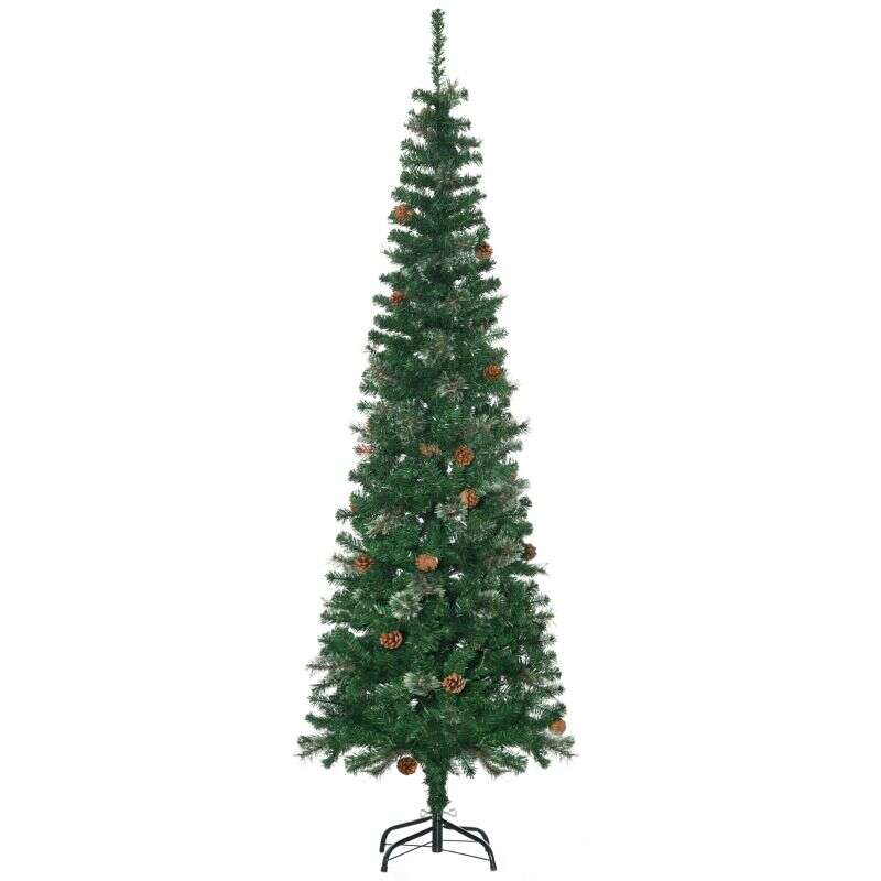 HOMCOM 6.5FT Tall Pencil Slim Artificial Christmas Tree with Realistic Branches, Tip Count and Pine Cones, Pine Needles Tree, Xmas Decoration, Green