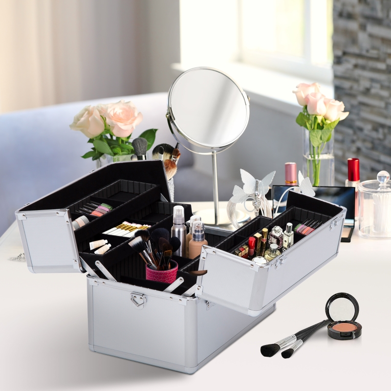 Mallette maquillage valise maquillage à 3 niveaux, boîte de cosmétiques avec clés, 36,5 x 24 x 29 cm, argent
