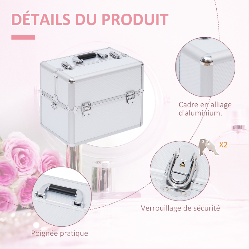 Mallette maquillage valise maquillage à 3 niveaux, boîte de cosmétiques avec clés, 36,5 x 24 x 29 cm, argent