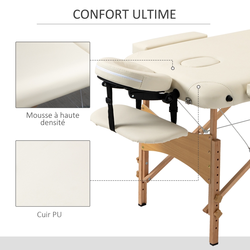 Portable Massage Bed, Folding Spa Beauty Massage Table with 2 Sections, Carry Bag and Wooden Frame, Cream
