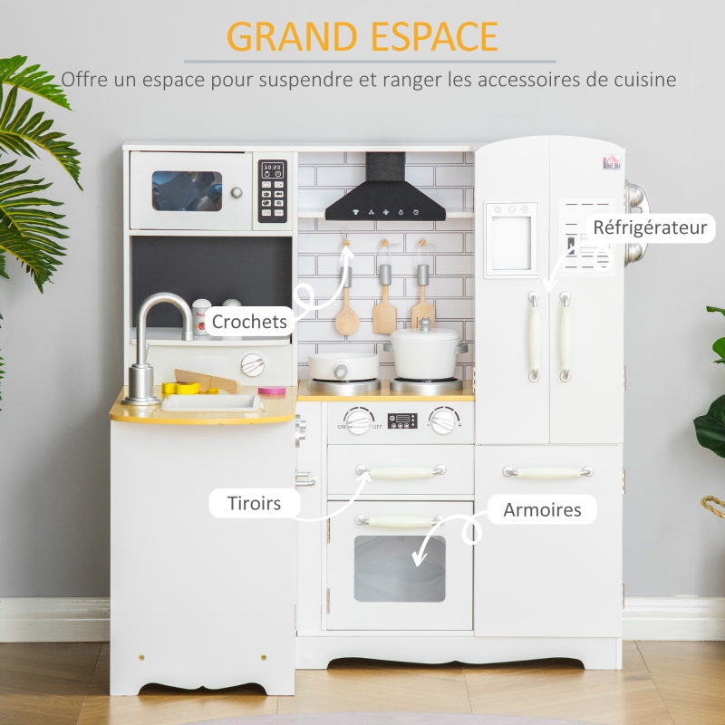 HOMCOM Cuisine pour Enfant 3-6 ans Jeu d'imitation Nombreux Accessoires rangements évier, robinet, four, micro-ondes, hotte, téléphone et réfrigérateur Blanc