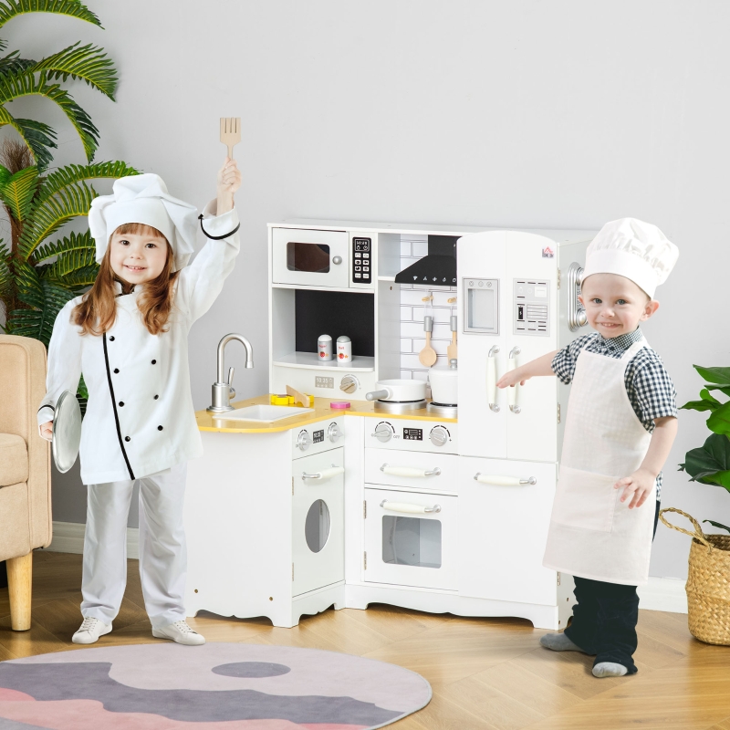 HOMCOM Cuisine pour Enfant 3-6 ans Jeu d'imitation Nombreux Accessoires rangements évier, robinet, four, micro-ondes, hotte, téléphone et réfrigérateur Blanc