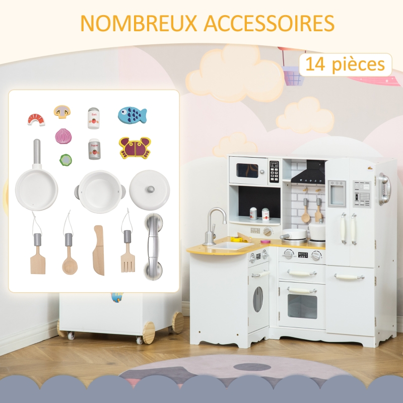 HOMCOM Cuisine pour Enfant 3-6 ans Jeu d'imitation Nombreux Accessoires rangements évier, robinet, four, micro-ondes, hotte, téléphone et réfrigérateur Blanc