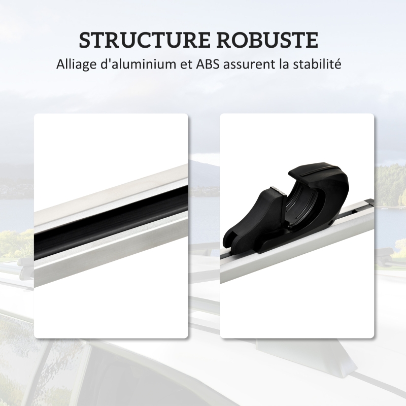 HOMCOM Barres de toit de voiture transversales porte-bagage verrouillables 2 clés fournies alliage d'aluminium 123,5 x 5,5 x 7 cm argenté et noir