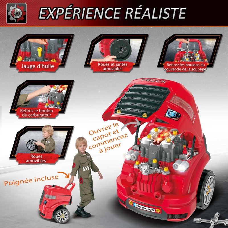 HOMCOM Camion mécano 2 en 1 - Jouet Bricolage Enfant - Établi Enfant - Jeu d'imitation mécanicien - Nombreux Accessoires Total de 61 pièces - Effets sonores et Lumineux - PP ABS Rouge