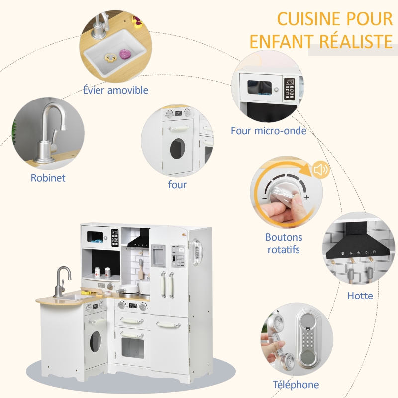 HOMCOM Cuisine pour Enfant 3-6 ans Jeu d'imitation Nombreux Accessoires rangements évier, robinet, four, micro-ondes, hotte, téléphone et réfrigérateur Blanc